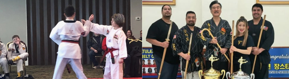 Students practicing traditional Taekwondo kicks